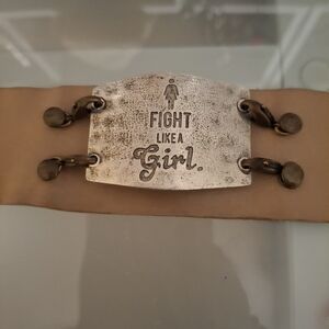 Lenny & Eva Tan Leather Fight Like A Girl Bracelet with Metal Plate